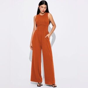 Cider Terracotta Ribbed wide leg Sleeveless Jumpsuit with pockets